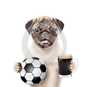 Funny puppy holding a soccer ball and beer. Isolated on white background
