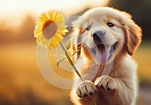 funny puppy holding sunflower in paws outdoors with sunshine
