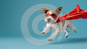 Funny puppy in superhero costume looks ahead on blue background, like flying superhero dog