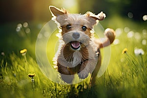 Funny puppy of Yorkshire Terrier running in the green grass, cute dog running in the green grass on a sunny summer day, AI