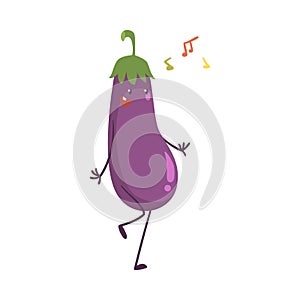 Funny Purple Eggplant Character Dancing Moving Hand and Legs Vector Illustration