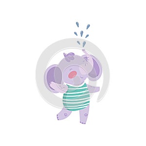 Funny purple elephant standing and spraying water with his trunk. Cute humanized animal with big ears dressed in striped