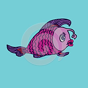 Funny purple Lophius piscatorius angler fish, hand drawn doodle color sketch in naÃ¯ve, pop art style, illustration