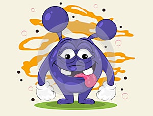 Funny purple monster. Monster-toad, with balls on its head. Smiling monster.Children`s illustration