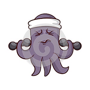 Funny purple octopus with headband on head, doing exercise with dumbbells. Humanized marine animal. Cartoon vector icon