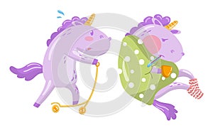 Funny Purple Unicorn Riding Scooter and Suffering from Fever Vector Illustration Set