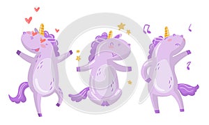 Funny Purple Unicorn Sitting and Singing Vector Illustration Set