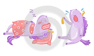 Funny Purple Unicorn Sleeping and Crying Vector Illustration Set