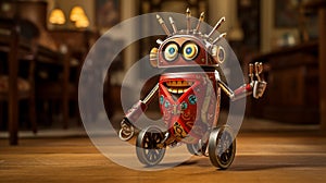 A funny and quirky wind-up toy marching across a wooden floor, with its mechanical antics in full display