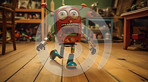 A funny and quirky wind-up toy marching across a wooden floor, with its mechanical antics in full display