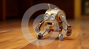 A funny and quirky wind-up toy marching across a wooden floor, with its mechanical antics in full display