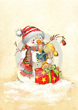 Funny rabbit Christmas watercolor vintage background