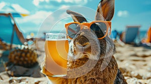 Funny Rabbit Enjoying a Beer on the Beach in Style