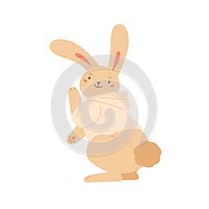 Funny rabbit in hoodie dancing demonstrate fluffy tail vector flat illustration. Cute bunny in clothes smiling having