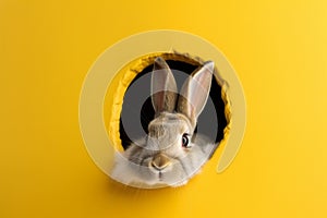 Funny rabbit looks through ripped hole in yellow paper.