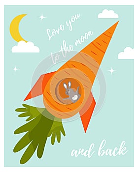 Funny rabbit in love in a carrot rocket.