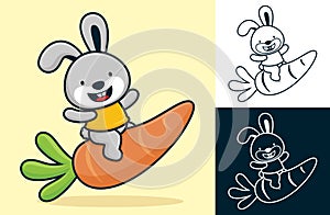 Funny rabbit sit on big carrot. Vector cartoon illustration in flat icon style