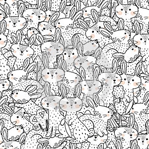 Funny rabbits black and white seamless pattern
