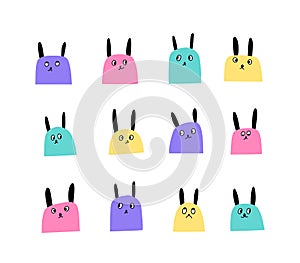 Funny rabbits doodle collection. Cute animals with various emotions. Different facial expressions characters vector illustration