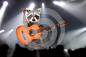 Funny raccoon with  acoustic guitar on the concert stage