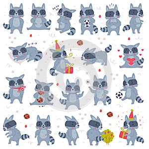 Funny Raccoon Animal Character with Striped Tail Engaged in Different Activity Vector Set