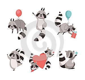 Funny Raccoon Animal Character with Striped Tail Vector Set