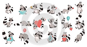 Funny Raccoon Animal with Ringed Tail Engaged in Different Activity Big Vector Set