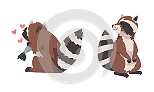 Funny Raccoon with Striped Tail Sitting and Eating Fish Vector Set
