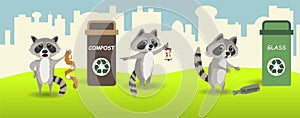 Funny Raccoon and trash. Sorting trash. Garbage recycling. Vector illustration. Raccoon help and teach how to separate