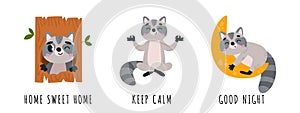 Funny raccoons in various poses. Home sweet home, keep calm and good night characters. Raccoon in tree, meditation and