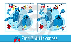 Funny raccoons wash fruits in pond. Find 7 differences. Game for children. Activity, vector.