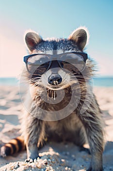 funny racoon with sunglasses enjoying summer vacatio on the sandy beach