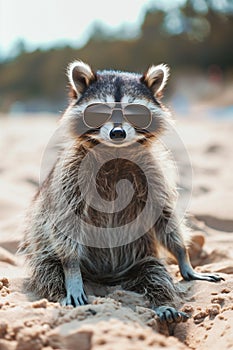 funny racoon with sunglasses enjoying summer vacatio on the sandy beach