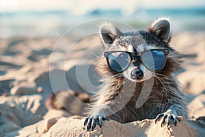 funny racoon with sunglasses enjoying summer vacatio on the sandy beach