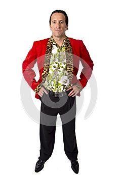 Funny rake playboy and bon vivant mature man wearing red casino jacket and Hawaiian shirt standing happy posing gigolo alike photo