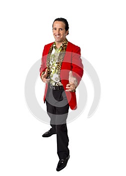 Funny rake playboy and bon vivant mature man wearing red casino jacket and Hawaiian shirt standing happy posing gigolo alike photo