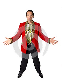 Funny rake playboy and bon vivant mature man wearing red casino jacket and Hawaiian shirt standing happy posing gigolo alike photo