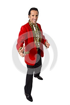 Funny rake playboy and bon vivant mature man wearing red casino jacket and Hawaiian shirt standing happy posing gigolo alike photo