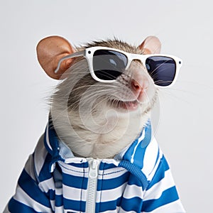 Funny Rat In Sunglasses With Blue And White Striped Sweater