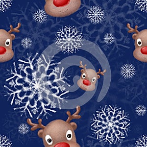 Funny reaindeer face on snowflakes winter holiday background. Cute hand drawn christmas illustration
