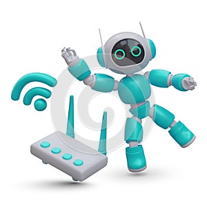 Funny realistic robot, router, wifi signal symbol. Wireless communication