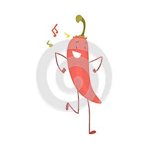 Funny Red Chili Pepper Character Dancing Moving Hand and Legs Vector Illustration