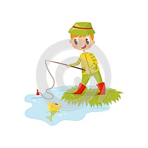 Funny red-haired boy fishing on the shore. Summer recreation. Kid with fish rod. Flat vector design