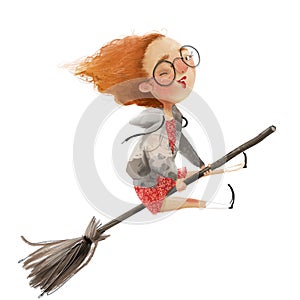 Funny red haired girl witch on a broomstick