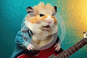 Funny Red Hamster With A Guitar On A Colorful Background, Like A Rock Star