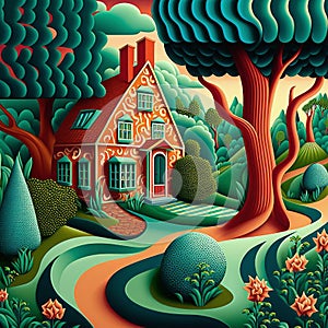 Funny red house with garden, children illustration with vivid colors