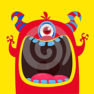 Funny red one eyed horned cartoon monster. Funny monster with mouth opened wide. Halloween vector illustration.