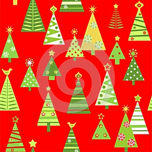 Funny red seamless wrapping paper for Christmas, New year and winter holiday celebration with green cut out firs. Flat design