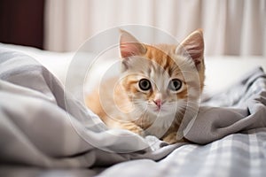 A funny red tabby cute kitten lies on a bed with a white blanket, looking at the camera. Cat in bed concept