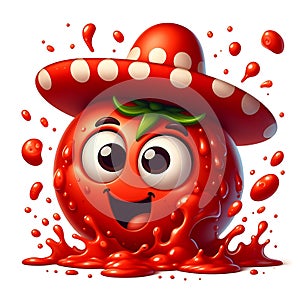 Funny red tomato in a sombrero. Tomato juice splashes around. Cute cartoon tomato character isolated. Illustration for